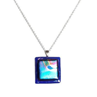 Rainbow dichroic on iridescent blue fused glass pendant necklace - Thumbnail 1
