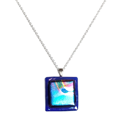 Rainbow Dichroic on Iridescent Blue Fused Glass Pendant Necklace