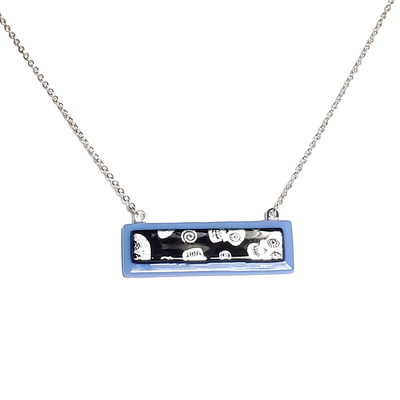 Dichroic silver skulls on blue fused glass bar necklace - Thumbnail 1