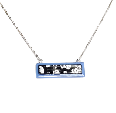 Dichroic Silver Skulls on Blue Fused Glass Bar Necklace