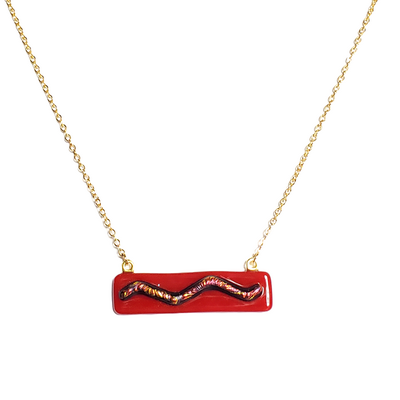 Red dichroic wave on crimson fused glass bar necklace - Thumbnail 2