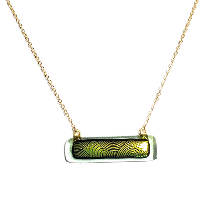 Dichroic green circles on transparent green bar necklace