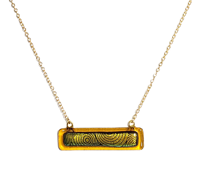 Dichroic Yellow Circles on Amber Fused Glass Bar Necklace