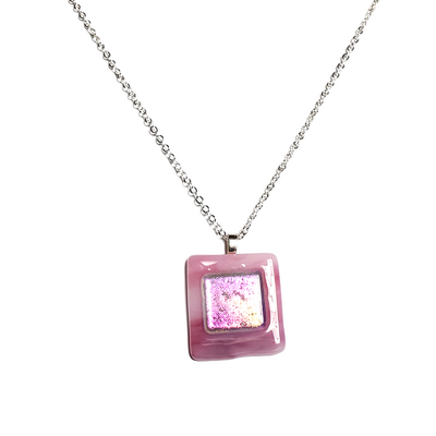 Dichroic pink on milky pink fused glass pendant necklace - Thumbnail 3