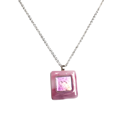 Dichroic Pink on Milky Pink Fused Glass Pendant Necklace