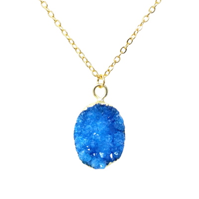 Cobalt blue druzy agate drop pendant necklace - Thumbnail 4