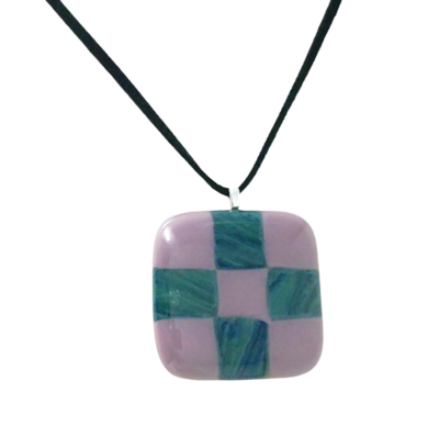 Purple and Green Checkerboard Fused Glass Necklace