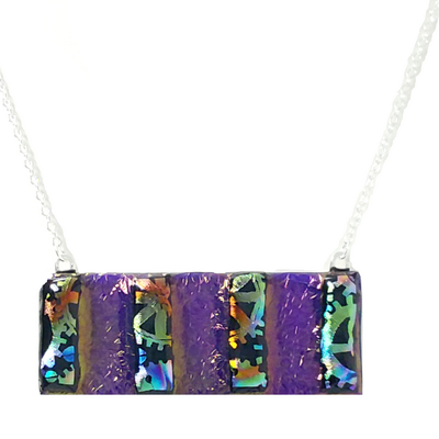 Dichroic gears on iridescent blue fused glass bar necklace