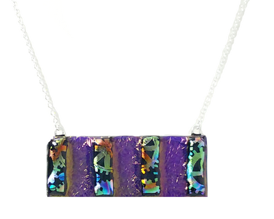 Dichroic Gears on Iridescent Blue Fused Glass Bar Necklace