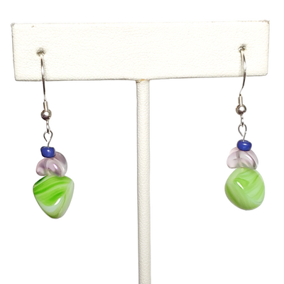 Green and wavy purple glass earrings with sterling silver hooks