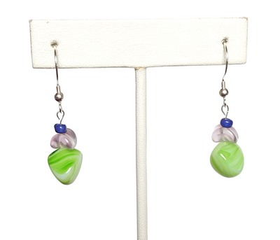Green and Wavy Purple Glass Earrings with Sterling Silver Hooks