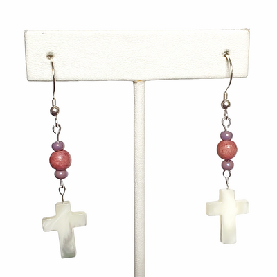 Wood and white coral cross with sterling silver hooks