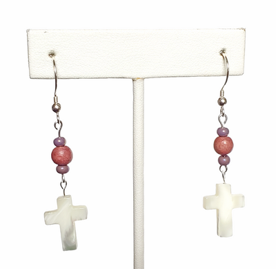Wood and White Coral Cross with Sterling Silver Hooks