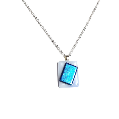 Dichroic blue on white fused glass pendant necklace