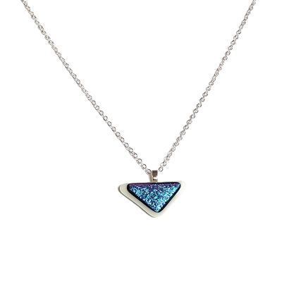 Dichroic blue on white fused glass triangle necklace
