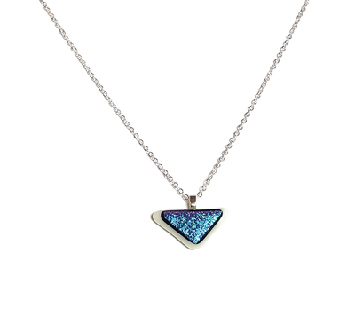 Dichroic Blue on White Fused Glass Triangle Necklace