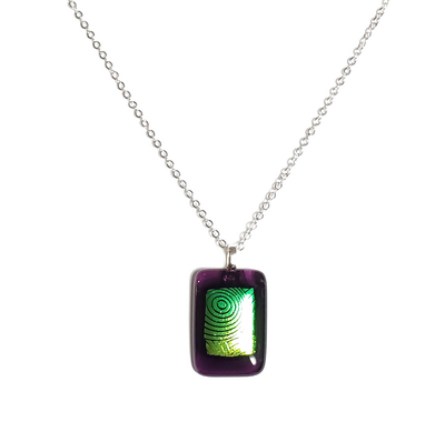 Dichroic Green Circles on Purple Fused Glass Pendant Necklace