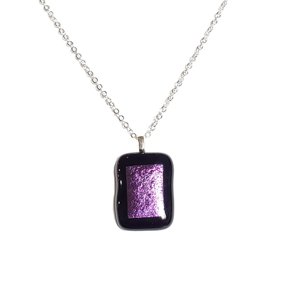 Dichroic purple on black fused glass pendant necklace
