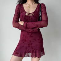Burgundy Embroidered Suspender Dress Cardigan Two-Piece Set - Thumbnail 3