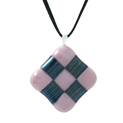 Purple and black checkerboard fused glass necklace