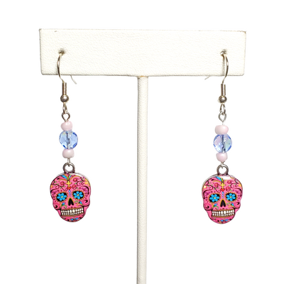 Pink sugar skull earrings on sterling silver hooks