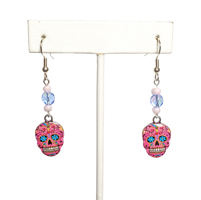 Pink Sugar Skull Earrings on Sterling Silver Hooks
