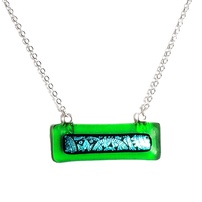 Dichroic blue sundials on transparent green fused glass bar necklace