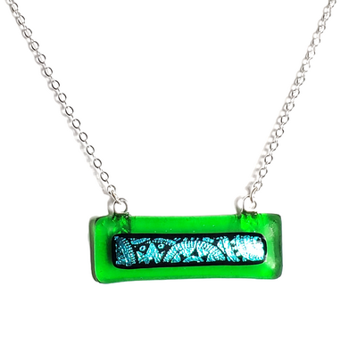 Dichroic Blue Sundials on Transparent Green Fused Glass Bar Necklace