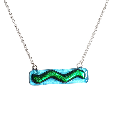 Dichroic green wave on transparent blue fused glass bar necklace?