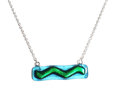 Dichroic Green Wave on Transparent Blue Fused Glass Bar Necklace?