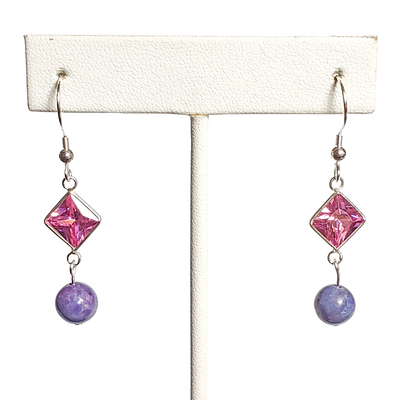 Purple crazy lace and pink crystal earrings with sterling silver hooks
