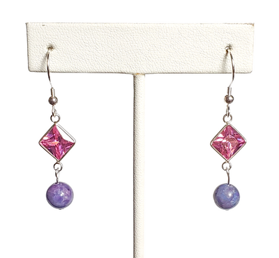 Purple Crazy Lace and Pink Crystal Earrings with Sterling Silver Hooks