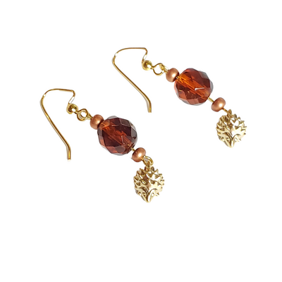 Hedgehog and dark amber glass bead earrings