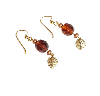 Hedgehog and Dark Amber Glass Bead Earrings