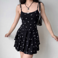 Black Polka Dot Suspender Cardigan Mesh High Waist Skirt Set - Thumbnail 1