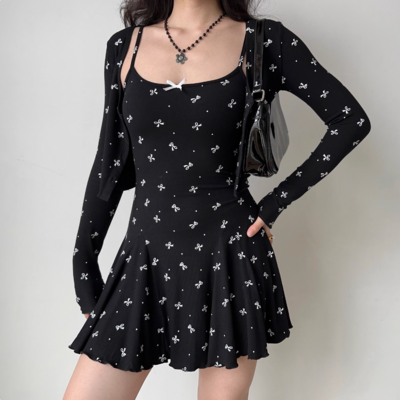 Black polka dot suspender cardigan mesh high waist skirt set - Thumbnail 5