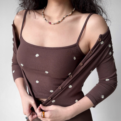 Embroidered suspender cardigan two-piece top with three-quarter sleeves