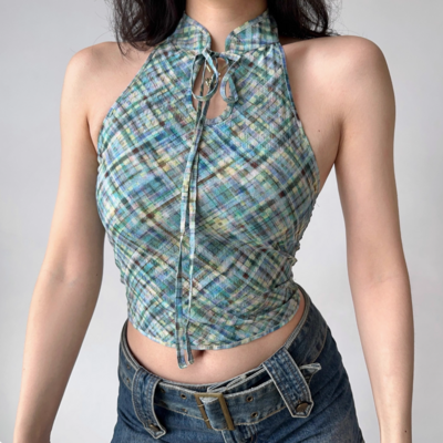 Retro plaid small stand collar halter vest - Thumbnail 3