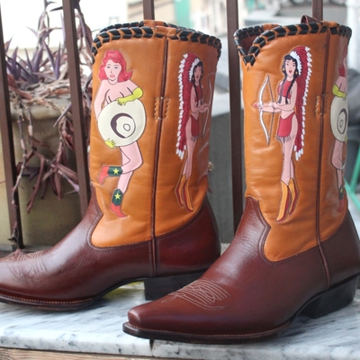 Handmade classic dress shoes brown leather fancy cowboy ankle boot