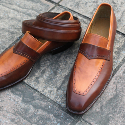 Handmade men brown leather moccasin loafers dress shoes with matching belt
