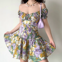 Retro oil painting flower puff sleeve short-sleeved dress for women with back straps - Thumbnail 3