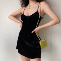 Sexy Lace-up Black Velvet Sling Dress - Thumbnail 2