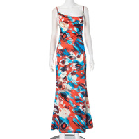 Colorful printed suspender buttoned hollow backless pleated long skirt - Thumbnail 1
