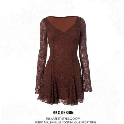 Lace patchwork v-neck long-sleeved slim skirt