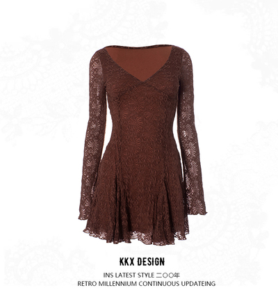 Lace patchwork V-neck long-sleeved slim skirt