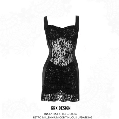 Autumn and winter pullover sling tube top lace hollow see-through backless short skirt