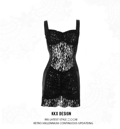 Autumn and winter pullover sling tube top lace hollow see-through backless short skirt
