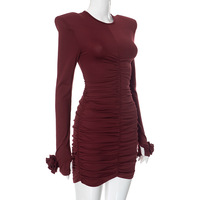 High-shoulder pleated dress with 3D flowers - Thumbnail 3