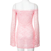 Solid color sexy one shoulder see-through lace dress - Thumbnail 2