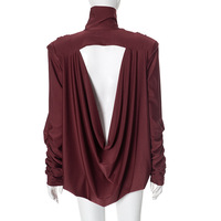 High collar padded shoulder loose pleated sexy backless mini skirt - Thumbnail 2